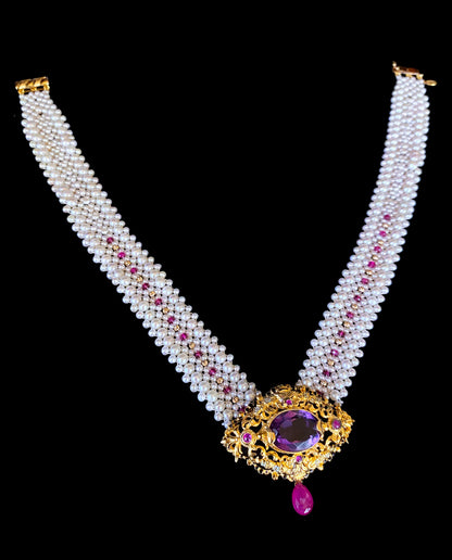 Woven Pearl, Ruby & Gold Necklace with Vintage Gold & Amethyst Brooch