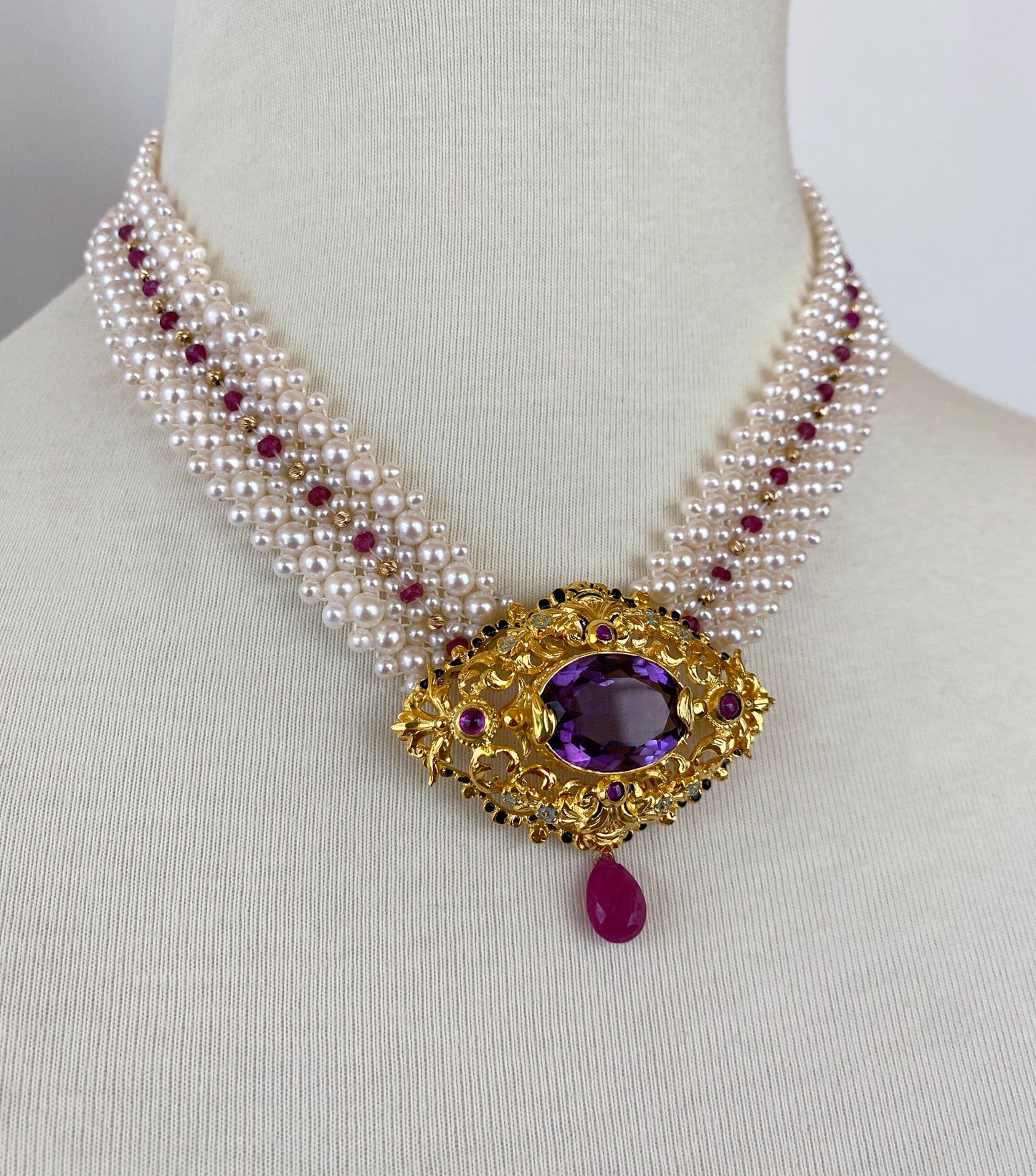 Woven Pearl, Ruby & Gold Necklace with Vintage Gold & Amethyst Brooch