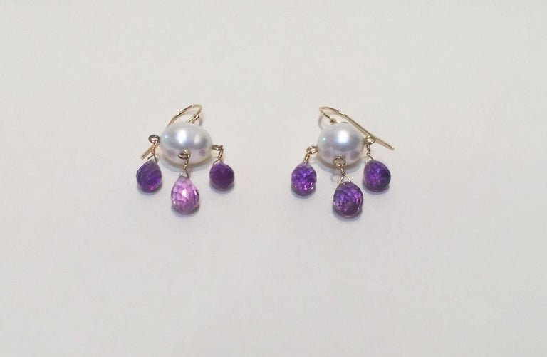 Pearl and Amethyst Drop Earrings with 14 K Yellow Gold
