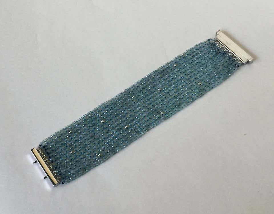Woven Aquamarine & 14K White Gold Cuff Bracelet with Sterling Silver Clasp