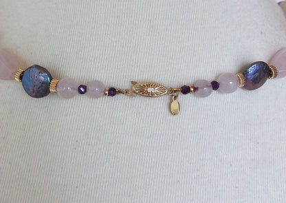 Marina J. Amethyst, Rose Quartz, Pink Aquamarine & Pearl Necklace with 14k Gold