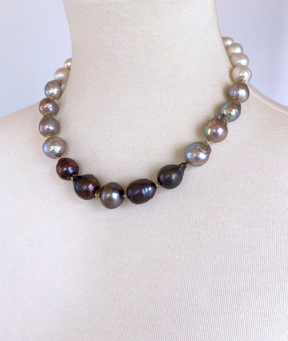 Black, White & Grey Graduated Ombre Pearl Necklace with 14K Gold Clasp