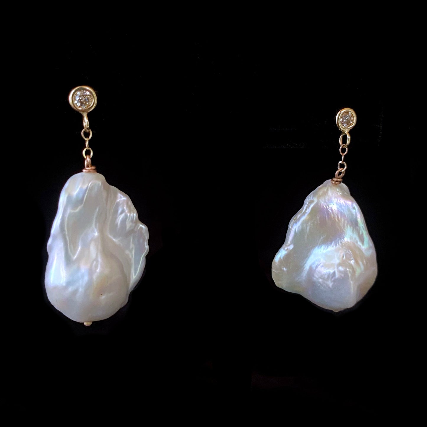 Diamond & Large Baroque Pearl Earrings in 14k Yellow Gold