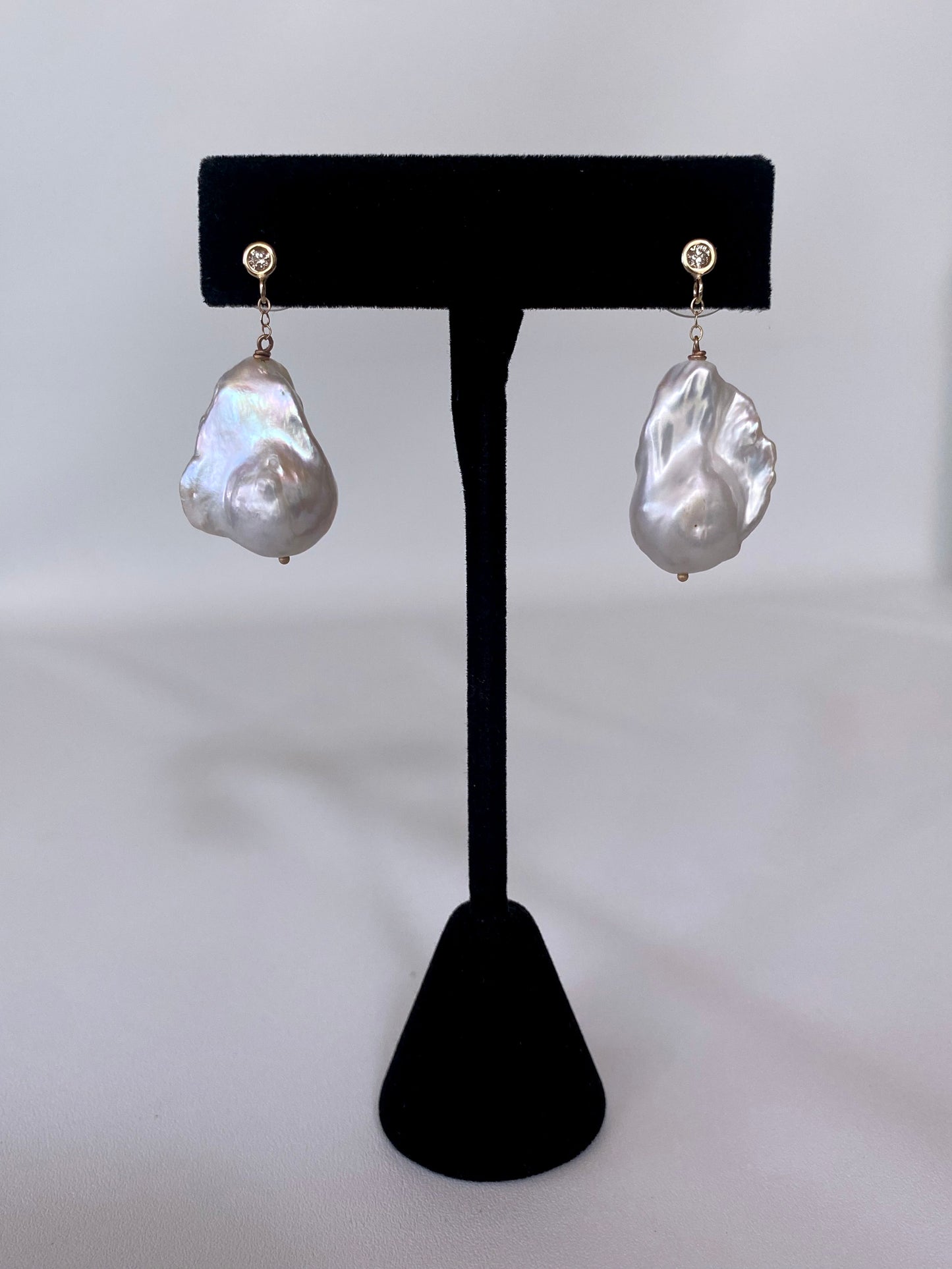 Diamond & Large Baroque Pearl Earrings in 14k Yellow Gold