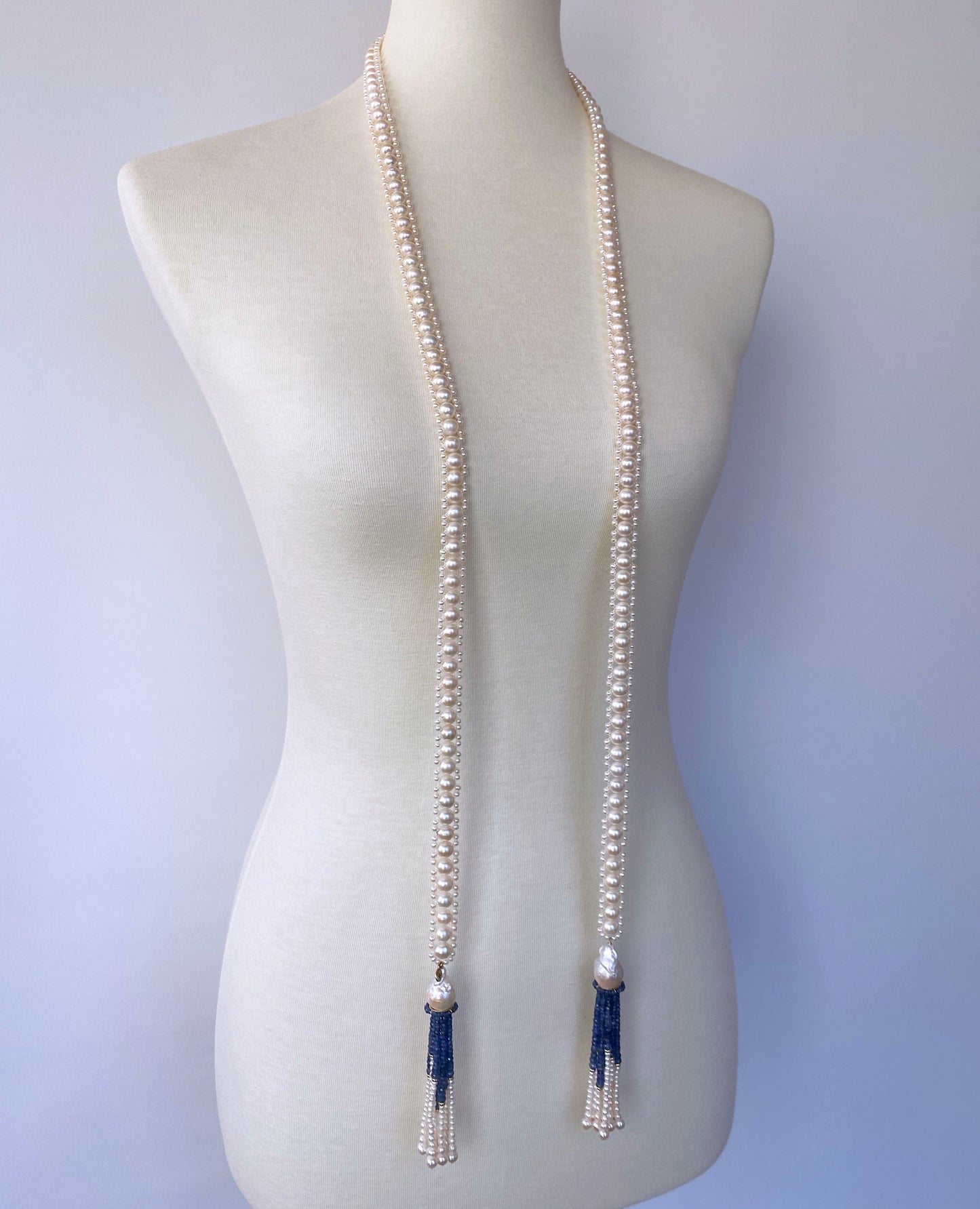 Blue Sapphire & Baroque Pearl Tassels Sautoir with 14k Yellow Gold