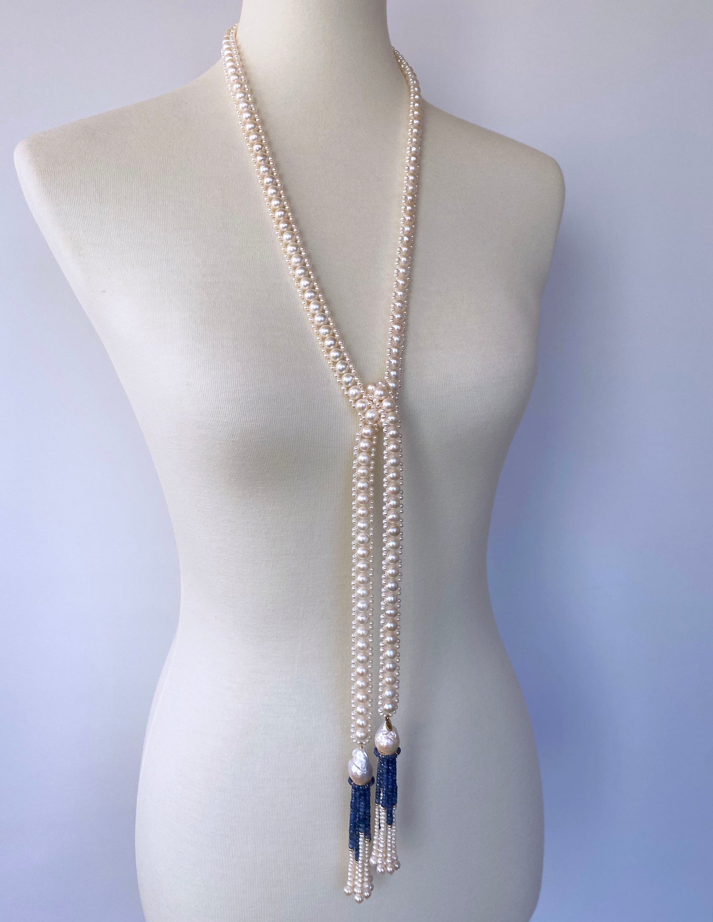 Blue Sapphire & Baroque Pearl Tassels Sautoir with 14k Yellow Gold
