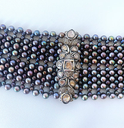 Marina J. Woven Black Pearl Choker with Vintage Raw Diamond Centerpiece