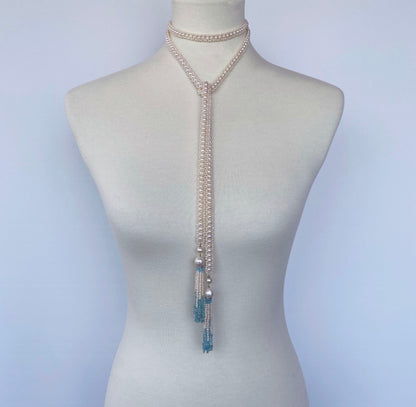 Long Woven Pearl Sautoir with Pearl and Aquamarine Tassels and 14k Gold