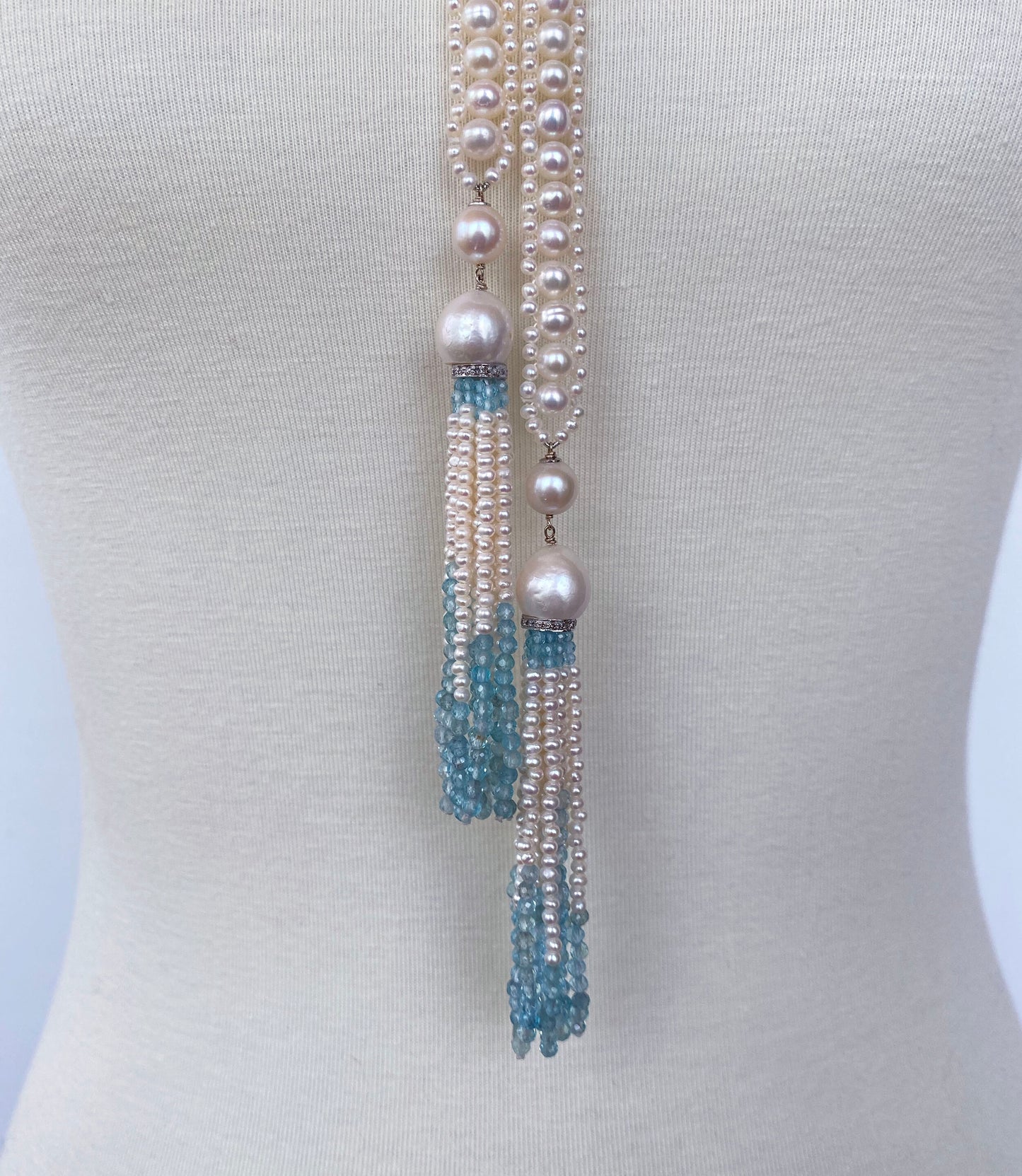 Long Woven Pearl Sautoir with Pearl and Aquamarine Tassels and 14k Gold