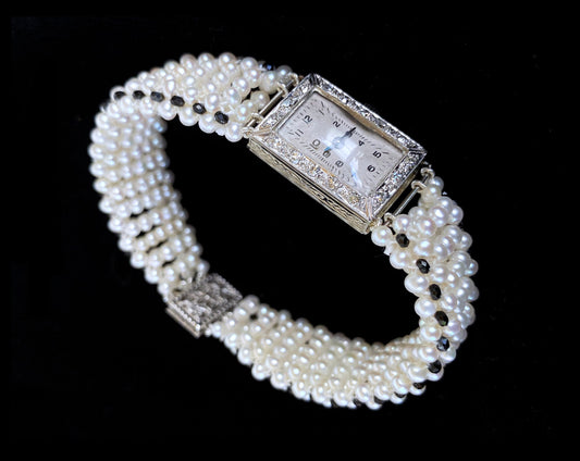 18k Vintage Diamond Encrusted Watch with Pearls & Black Spinel