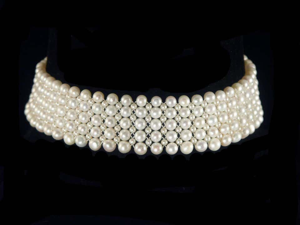 Marina J Multi-Strand Woven Pearl Choker with Rhodium Plated Silver Clasp