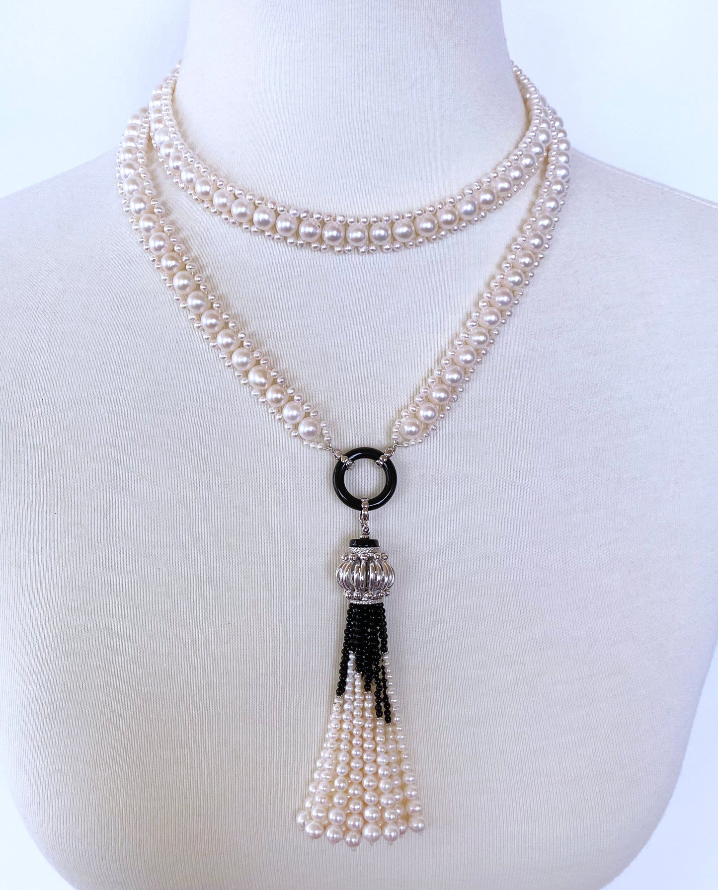 Marina J. Woven Pearl Sautoir with Black Onyx and Silver