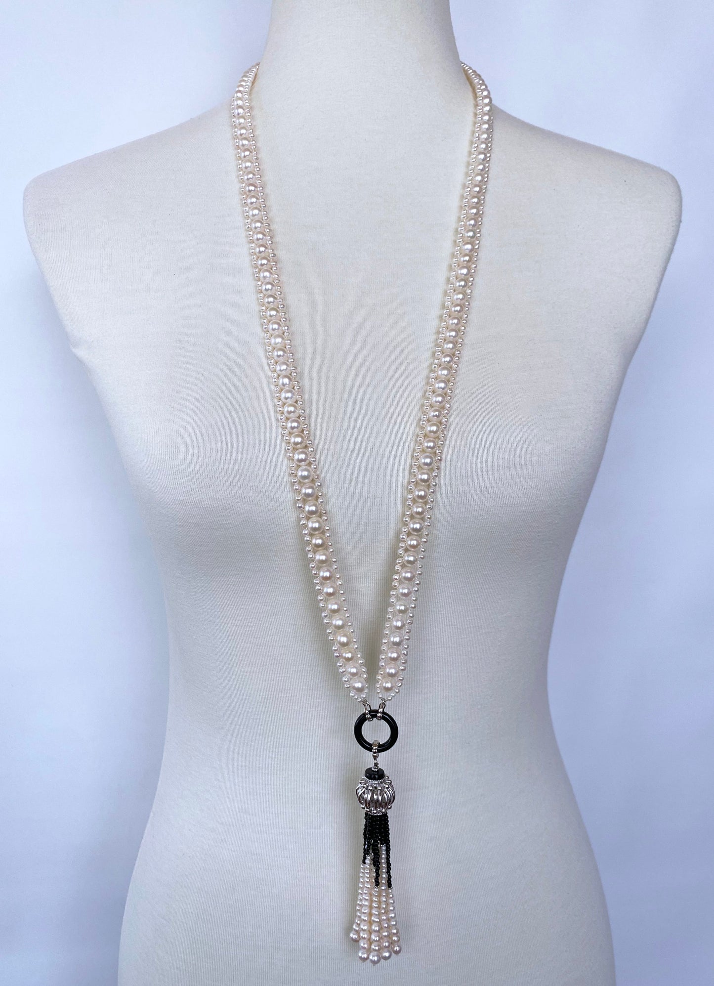 Woven Pearl Sautoir with Black Onyx and Silver