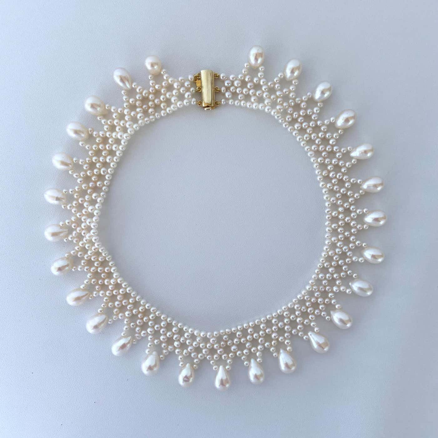 Woven Pearl Necklace with Pearl Drops at 14k Yellow Gold