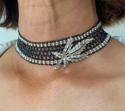 Marina J Woven Black Spinel and White Pearl Choker with a Silver Clasp