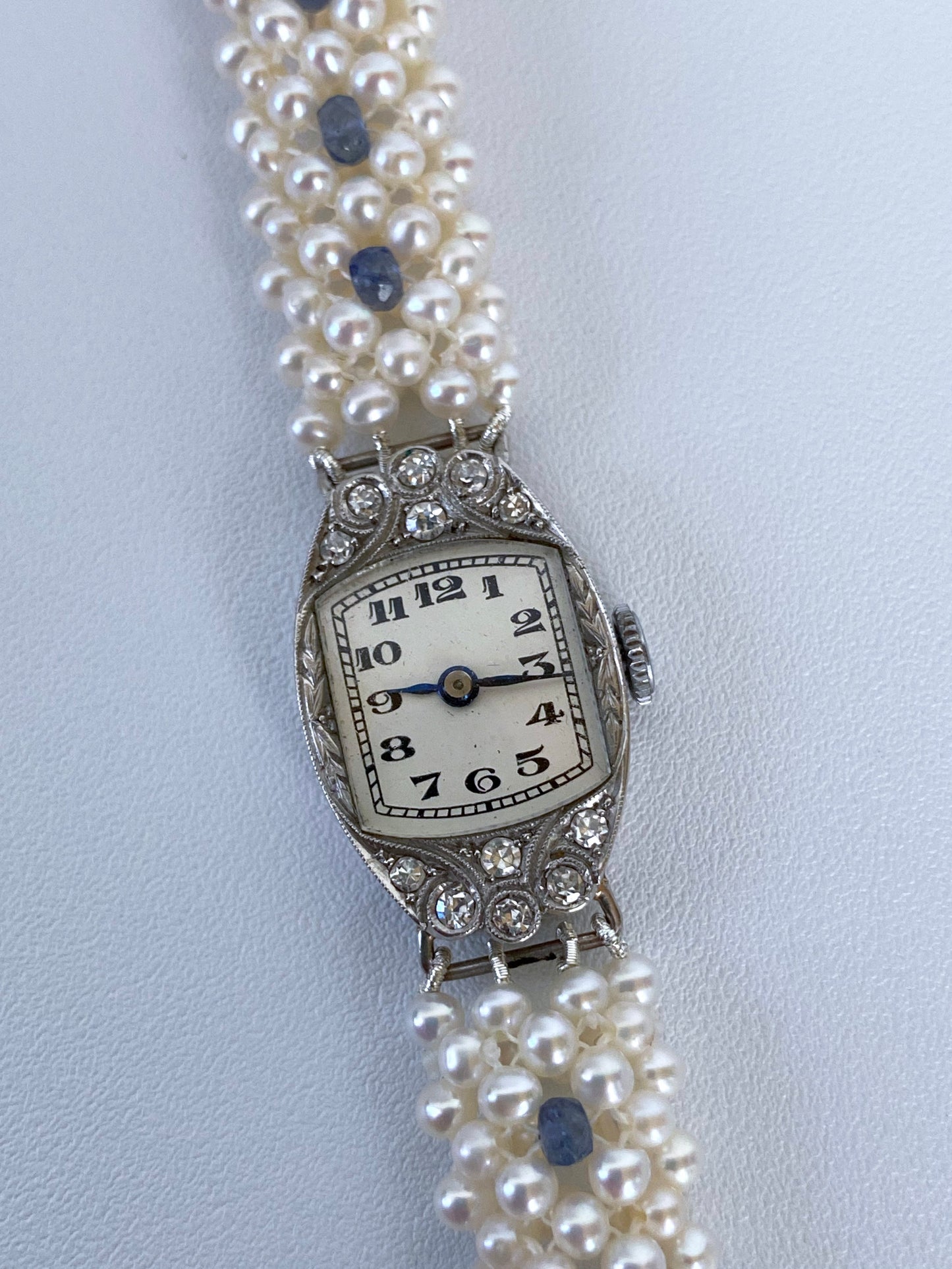 Antique French Platinum Diamond Watch with Blue Sapphires & Pearls