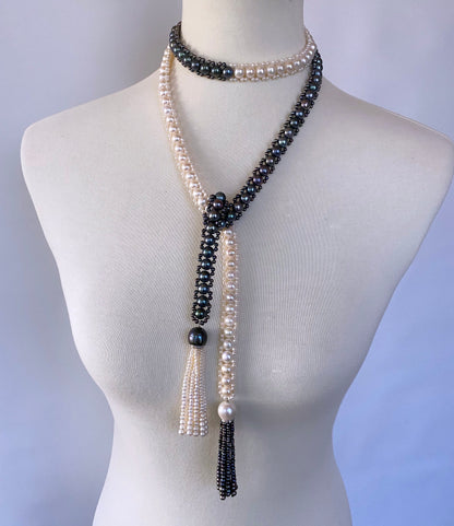 Black & White Pearl Sautoir / Lariat with Diamonds and 14k White Gold