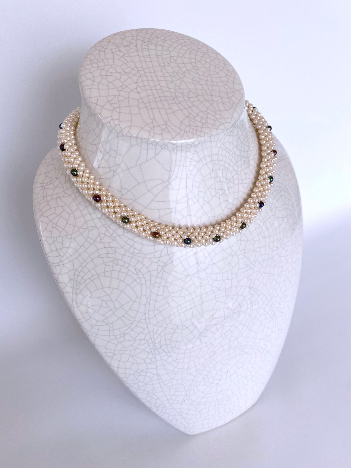 Woven Black & White Pearl Rope Necklace with 14K Yellow Gold Clasp