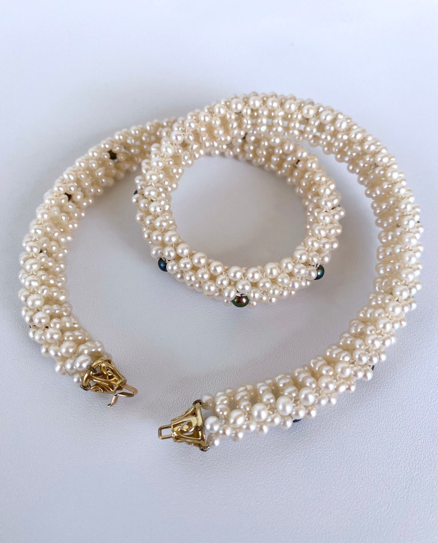 Woven Black & White Pearl Rope Necklace with 14K Yellow Gold Clasp