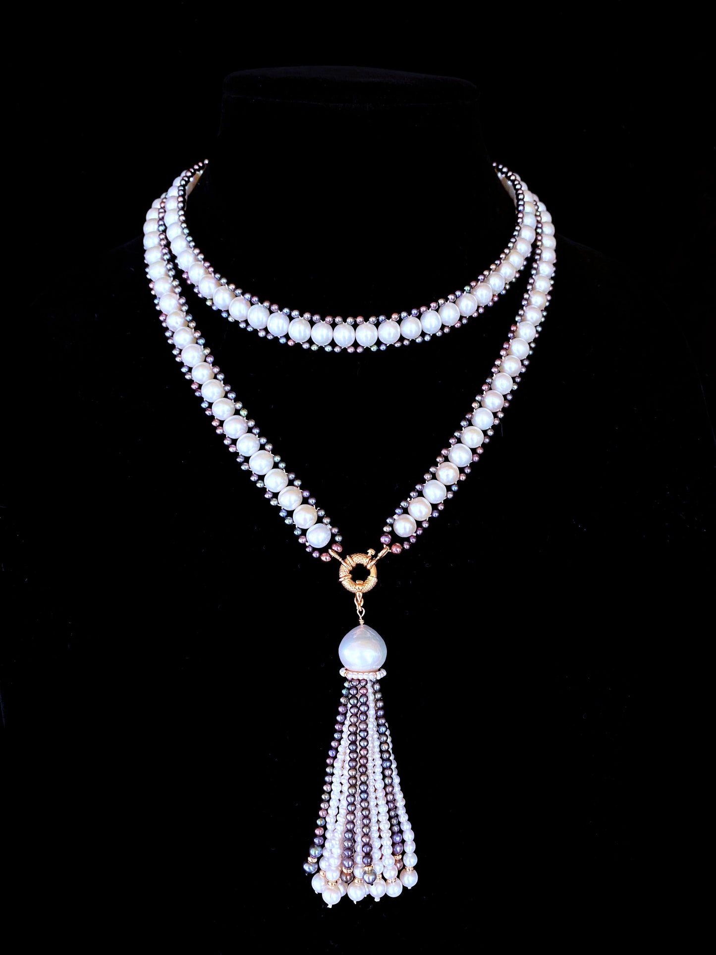 Black & White Pearl Sautoir with Removable Tassel & 14k Yellow Gold