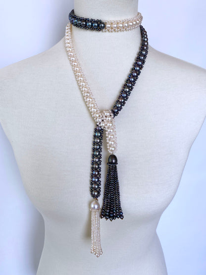 Marina J. Black and White All Pearl Woven Sautoir Necklace with 14K Yellow Gold