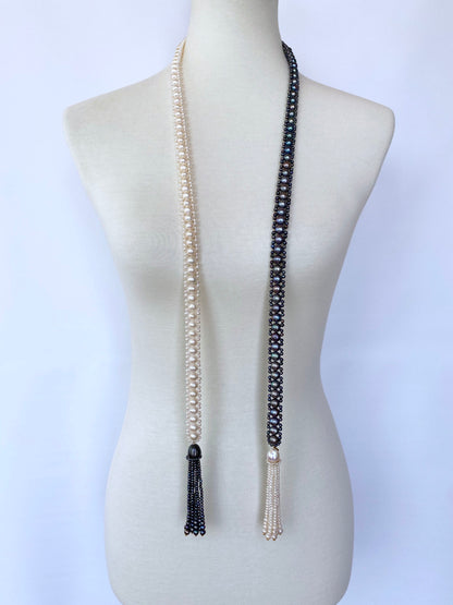 Marina J. Black and White All Pearl Woven Sautoir Necklace with 14K Yellow Gold