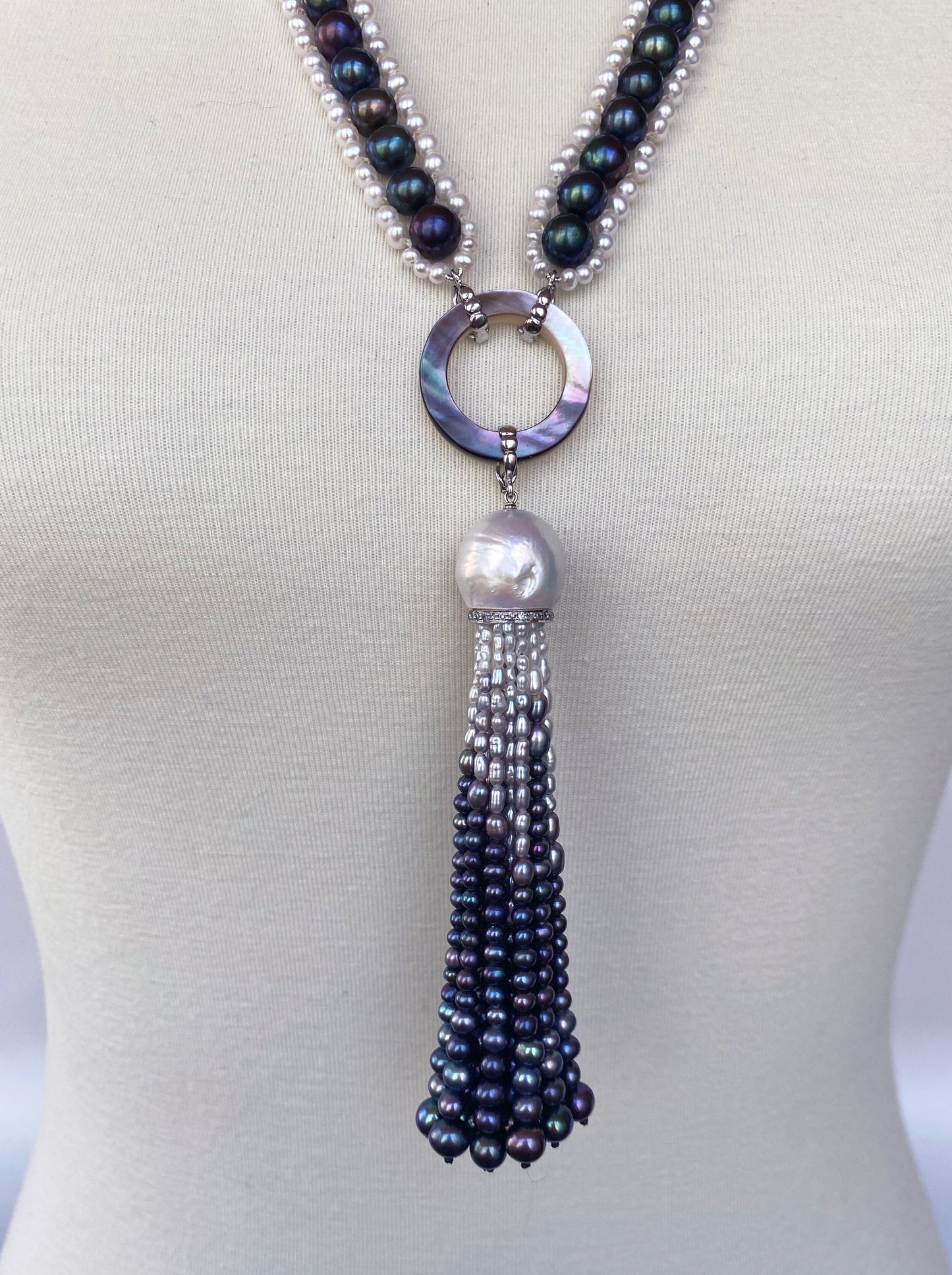 Marina J. Black and White Woven Pearl Sautoir with Abalone Shell & Ombre Tassel