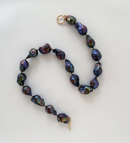 Large Baroque Black Pearl Necklace with 14 Karat Gold Beads and Clasp