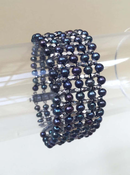Unisex Black Pearl, Rhodium Plated Sterling Silver Beaded Cuff Bracelet