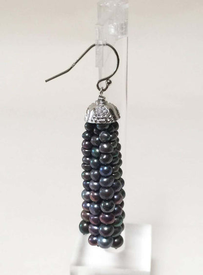 Black Pearl Tassel Earrings with White Gold Plated Silver Cup by Marina J