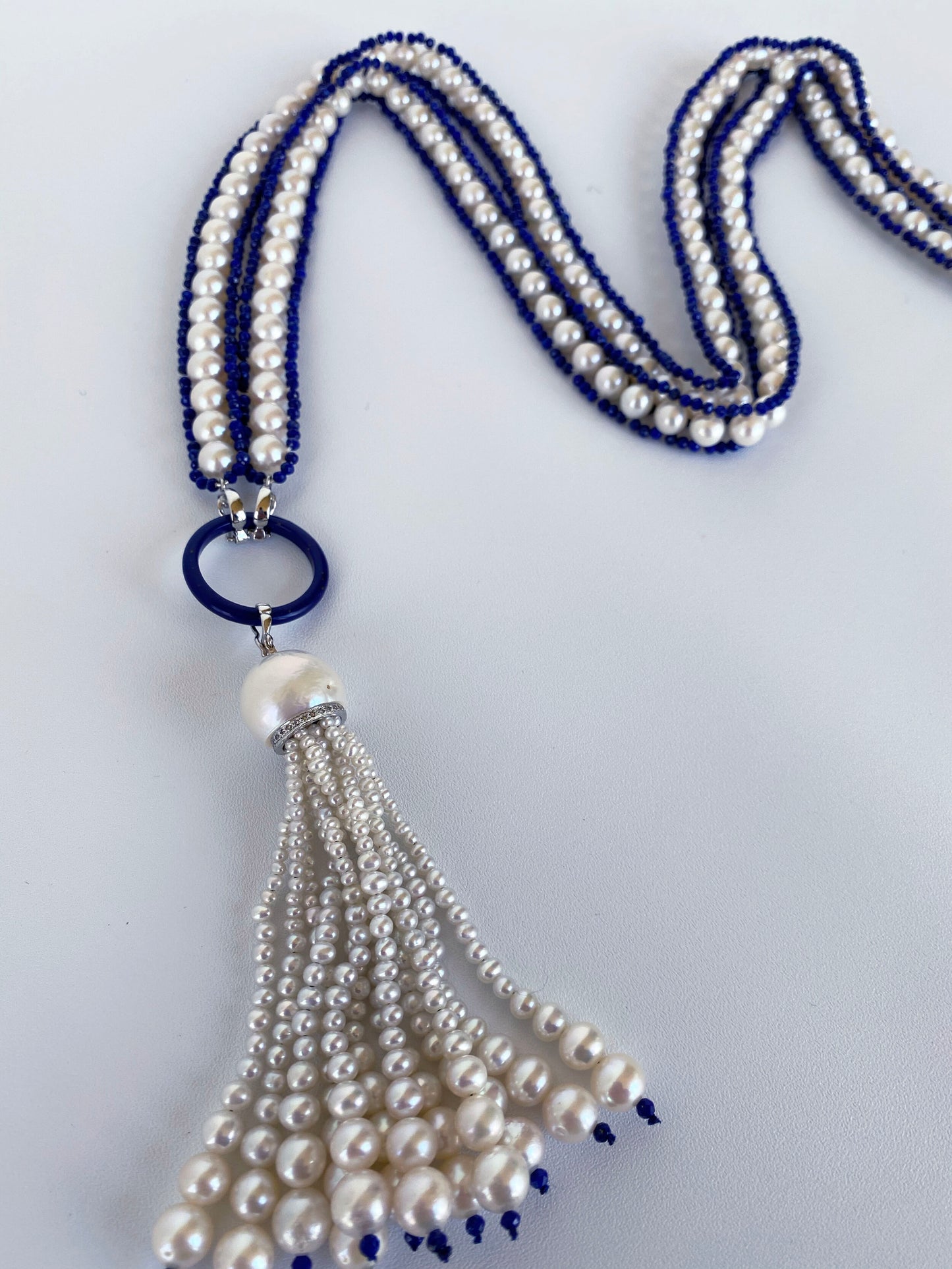 Marina J. Woven Pearl Sautior with Lapis Lazuli Beads and Graduated Pearl Tassel