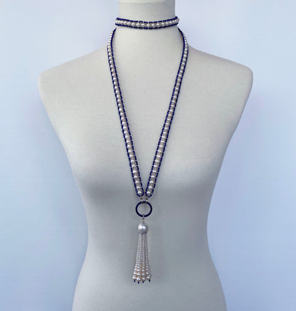 Marina J. Woven Pearl Sautior with Lapis Lazuli Beads and Graduated Pearl Tassel