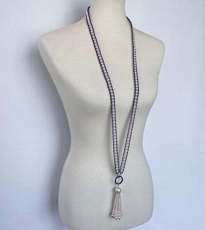 Marina J. Woven Pearl Sautior with Lapis Lazuli Beads and Graduated Pearl Tassel