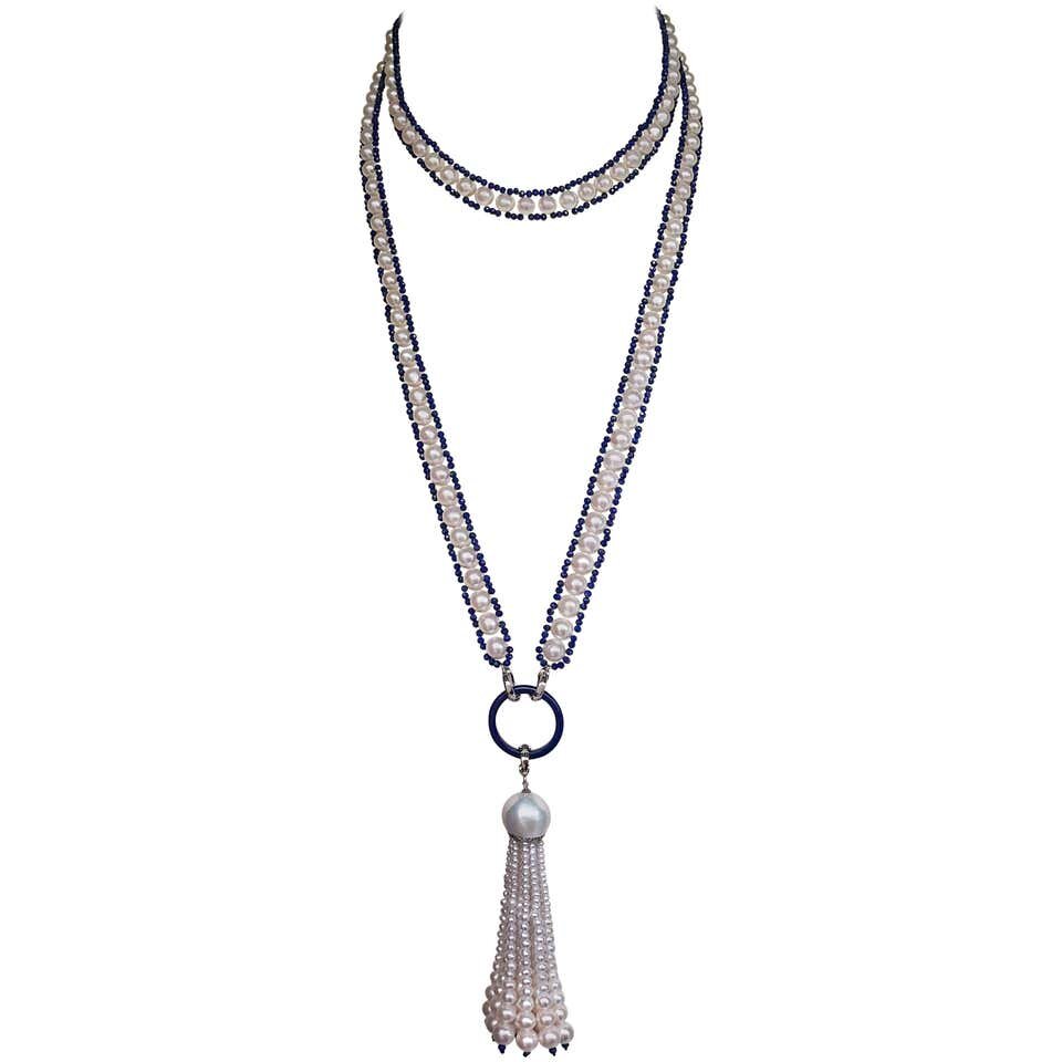 Marina J. Woven Pearl Sautior with Lapis Lazuli Beads and Graduated Pearl Tassel