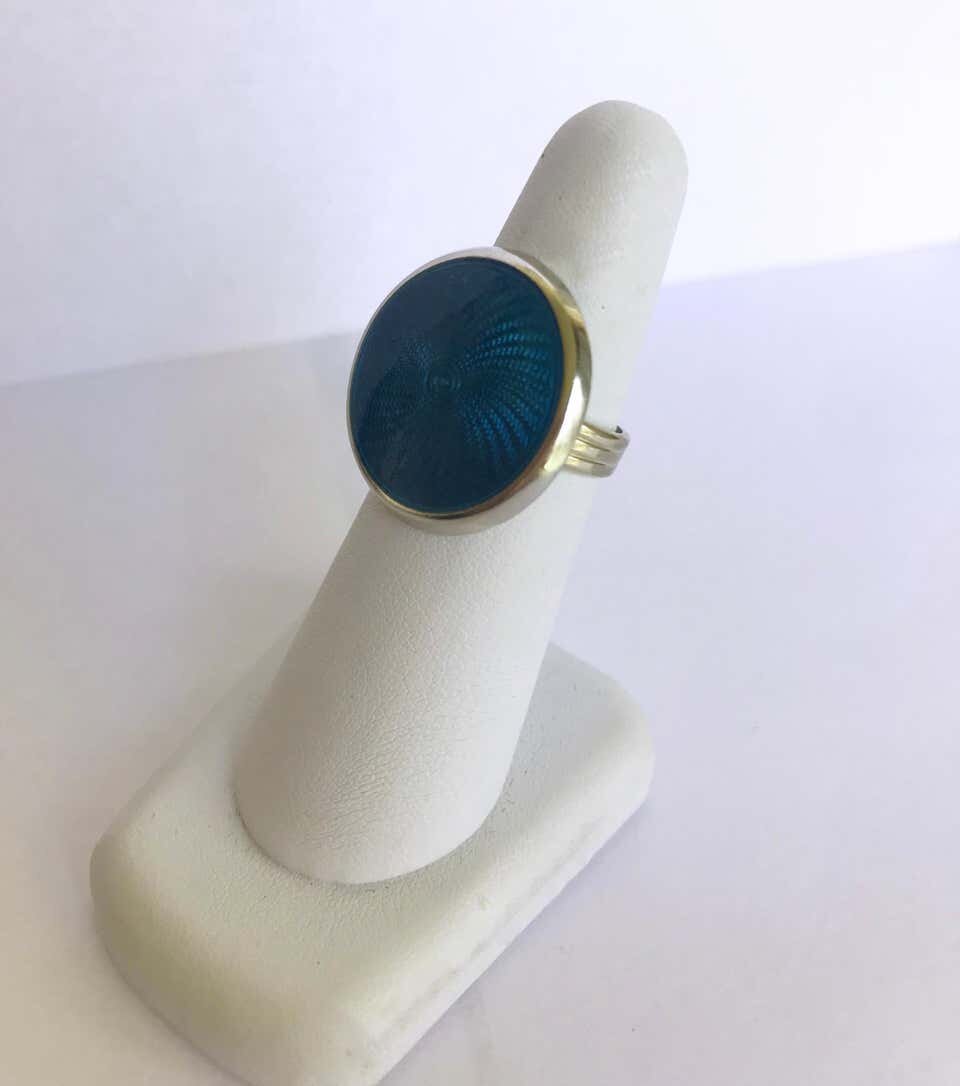 Turquoise Color Enamel Ring with Sterling Silver & 14 Karat Gold Band