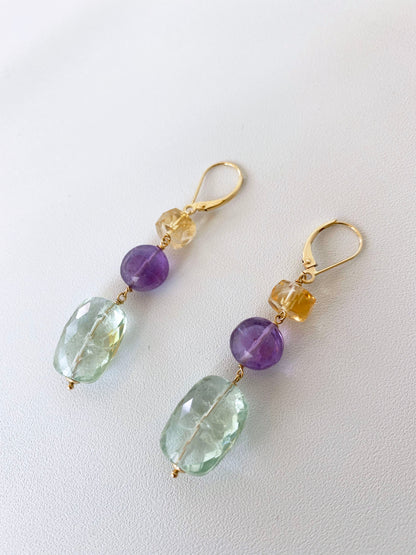 Graduated Multi Gem Citrine & Amethyst Earrings with 14K Yellow Gold