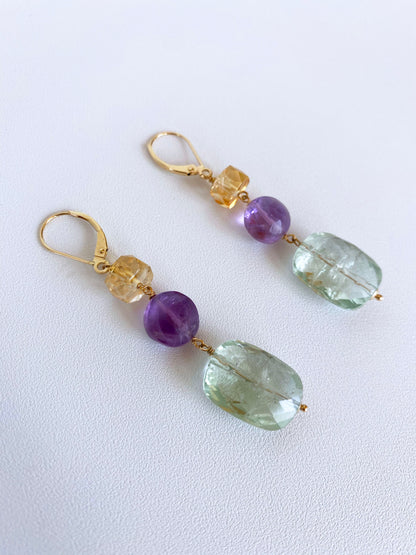 Graduated Multi Gem Citrine & Amethyst Earrings with 14K Yellow Gold