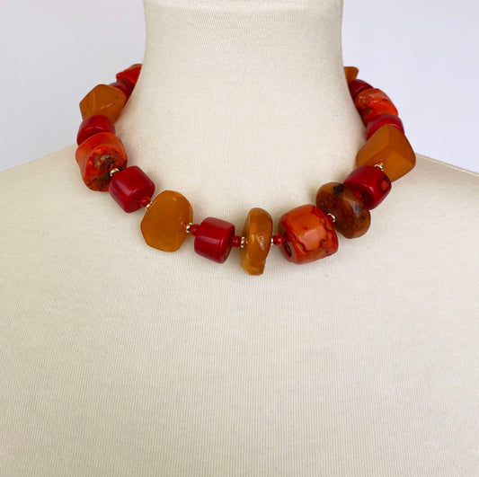 Coral, Amber and 14K Yellow Gold Necklace