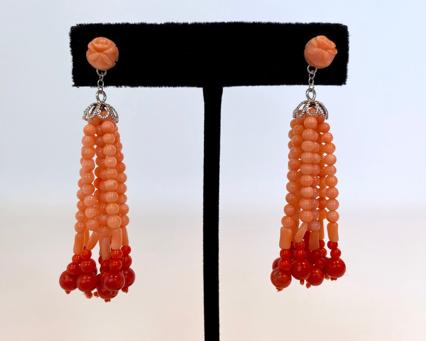 Mediterranean Coral Tassel Earrings with 14K White Gold