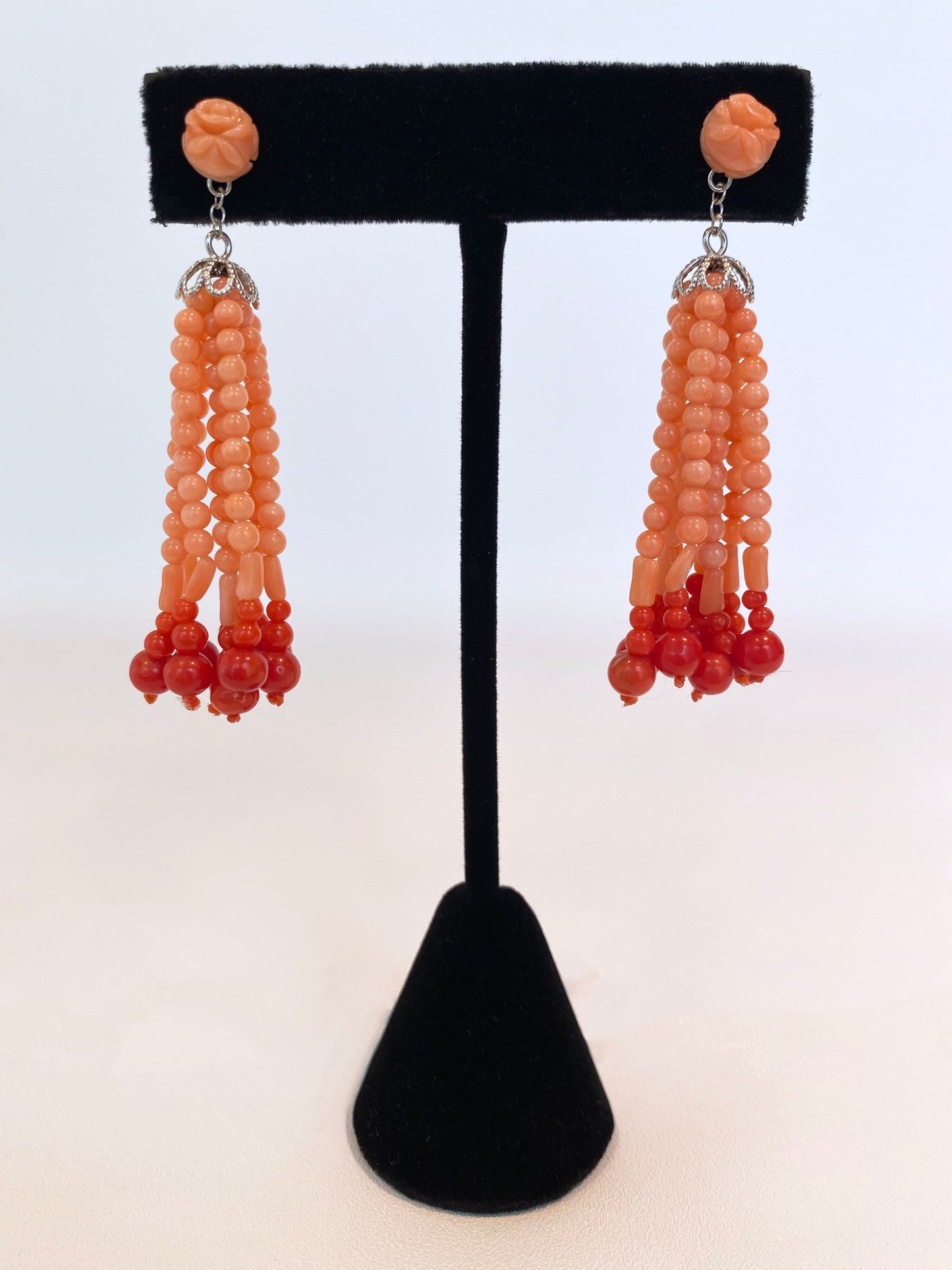 Mediterranean Coral Tassel Earrings with 14K White Gold