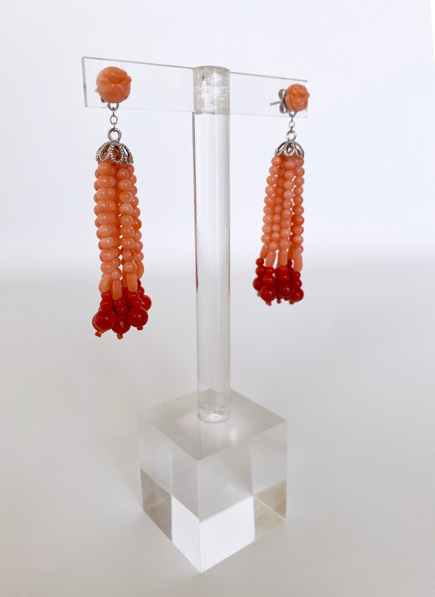 Mediterranean Coral Tassel Earrings with 14K White Gold