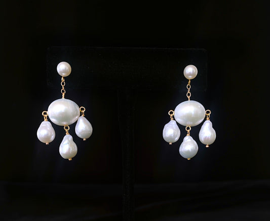 Chandelier Baroque Pearl Earrings with 14k Yellow Gold