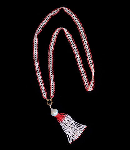 Fine Woven Coral & Pearl Satuoir with Baroque Tassel & 14k Yellow Gold