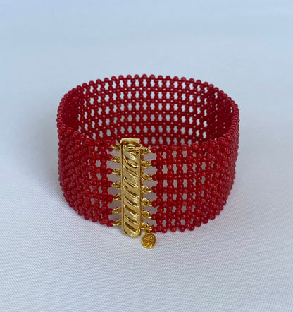 Coral Woven Bracelet with 14k Yellow Gold Plated Sterling Silver Clasp