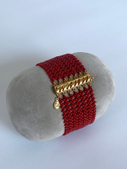 Coral Woven Bracelet with 14k Yellow Gold Plated Sterling Silver Clasp
