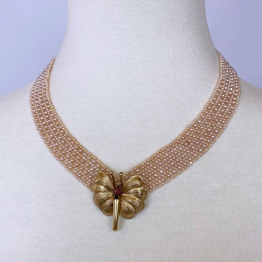 Marina J. Pink Pearl Woven 'V' Necklace with 14k Gold Clasp & Vintage Brooch