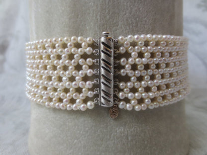 Multi-Stranded Woven White Pearl Bridal Choker with Sliding 14k White Gold Clasp