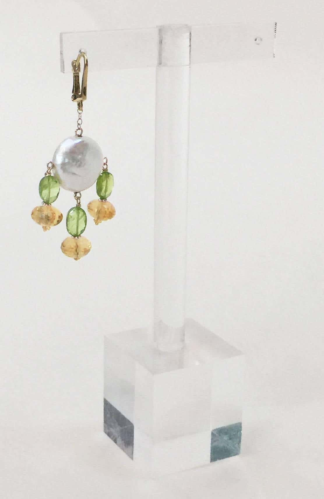 Critrine & Peridot Pearl Earrings with 14 Karat Yellow Gold Lever Back