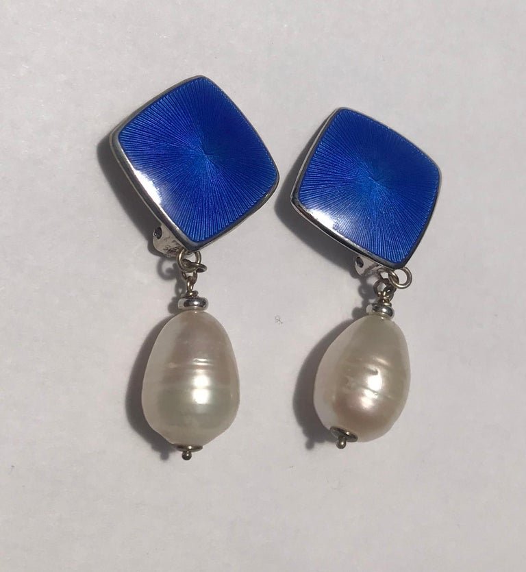 Vintage Sterling Silver, Enamel with White Pearl Clip-On Earrings