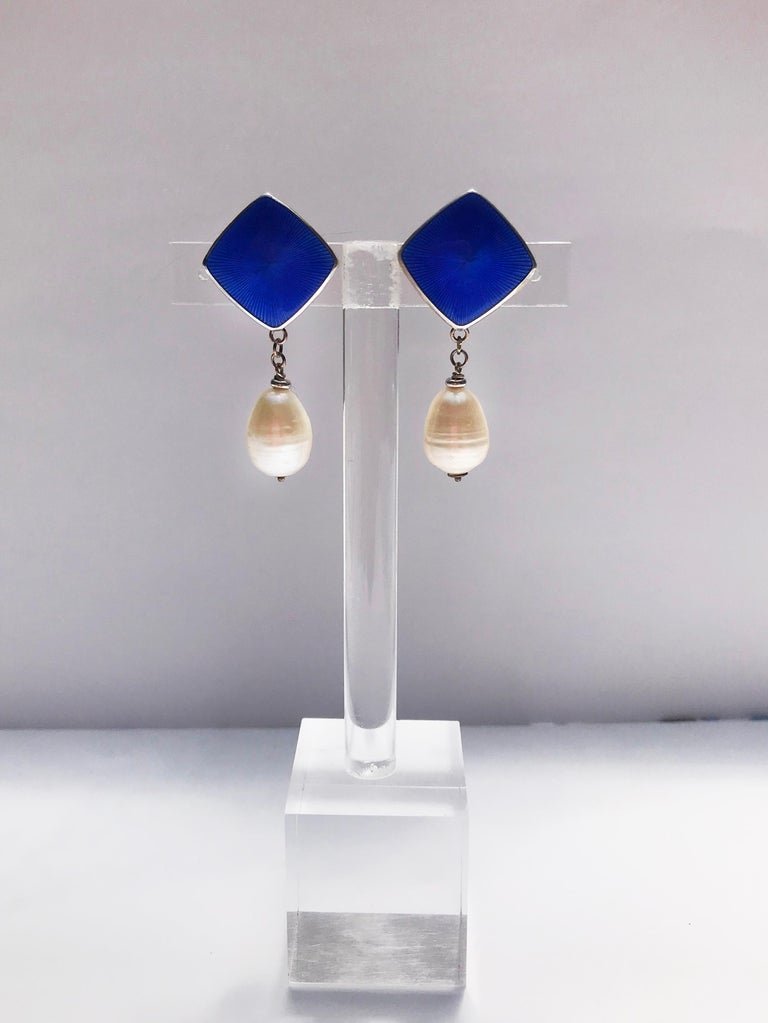 Vintage Sterling Silver, Enamel with White Pearl Clip-On Earrings